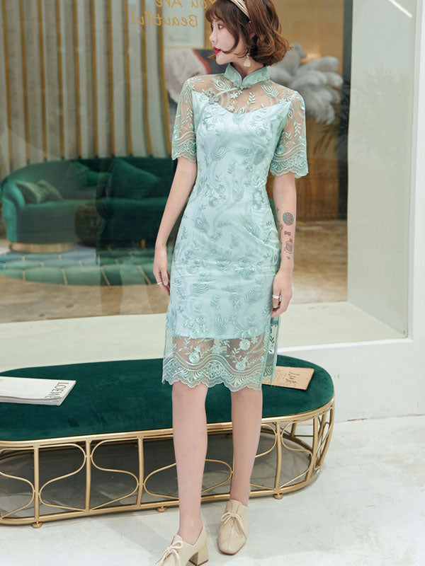 Green Illusion Lace Modern Midi Cheongsam Qi Pao Dress