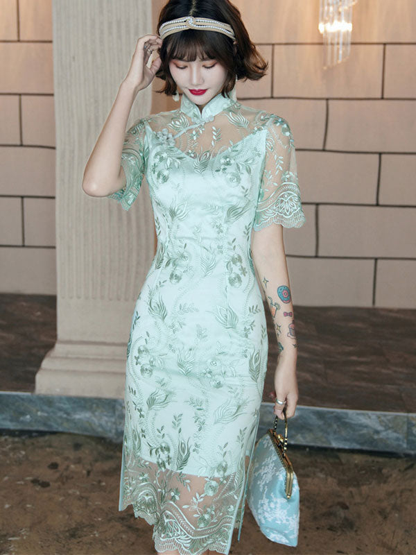 Green Illusion Lace Modern Midi Cheongsam Qi Pao Dress
