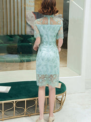 Green Illusion Lace Modern Midi Cheongsam Qi Pao Dress