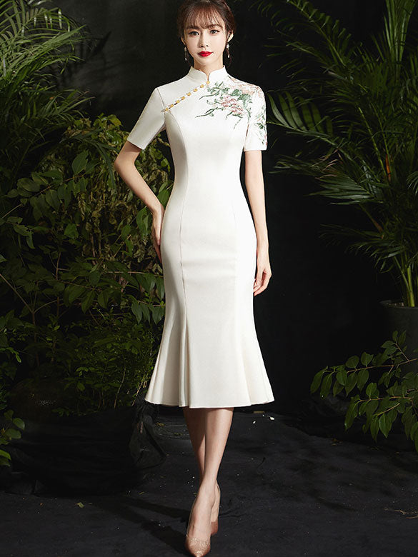 Embroidered Fishtail Tea-Length Qi Pao Cheongsam Prom Dress