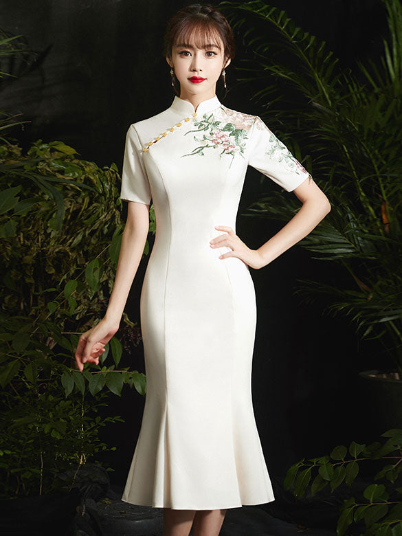 Embroidered Fishtail Tea-Length Qi Pao Cheongsam Prom Dress