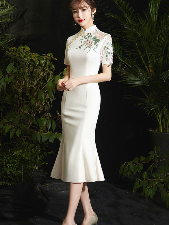 Embroidered Fishtail Tea-Length Qi Pao Cheongsam Prom Dress