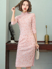 2021 Autumn Floral Lace A-Line Qi Pao Cheongsam Dress