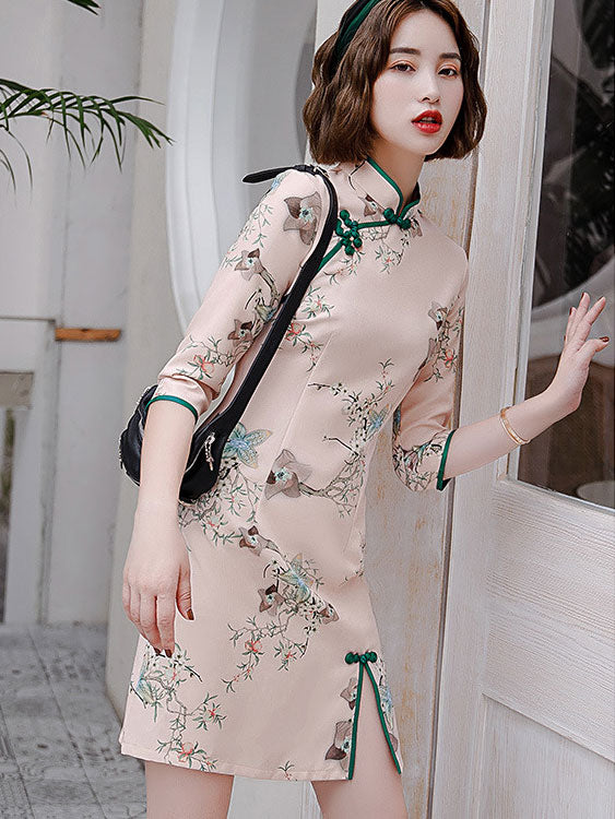 2021 Autumn Floral Pink Qipao Cheongsam Dress