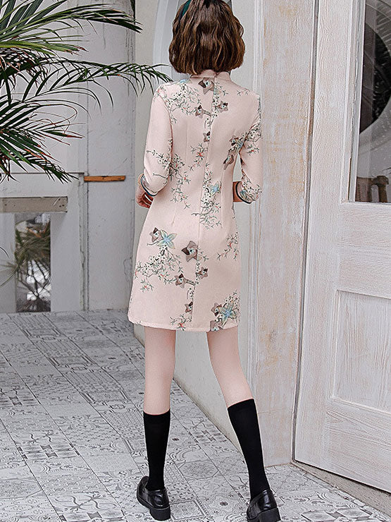 2021 Autumn Floral Pink Qipao Cheongsam Dress