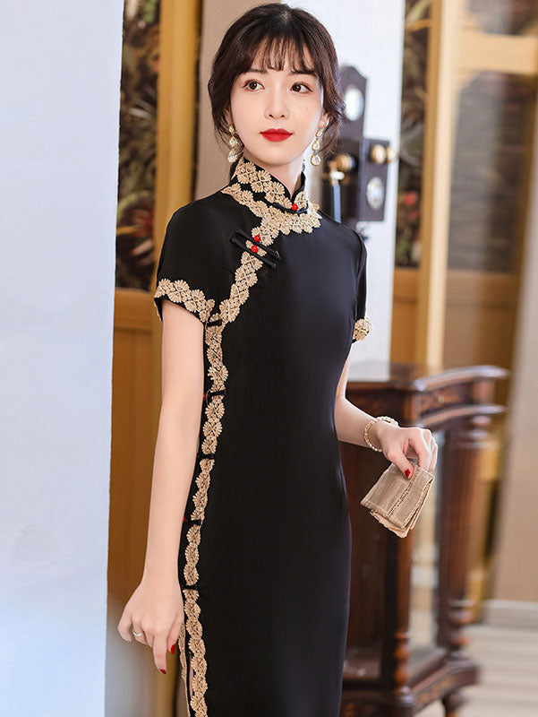 Black Red Lace Trim Modern Cheongsam Qi Pao Dress