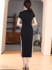 Black Red Lace Trim Modern Cheongsam Qi Pao Dress