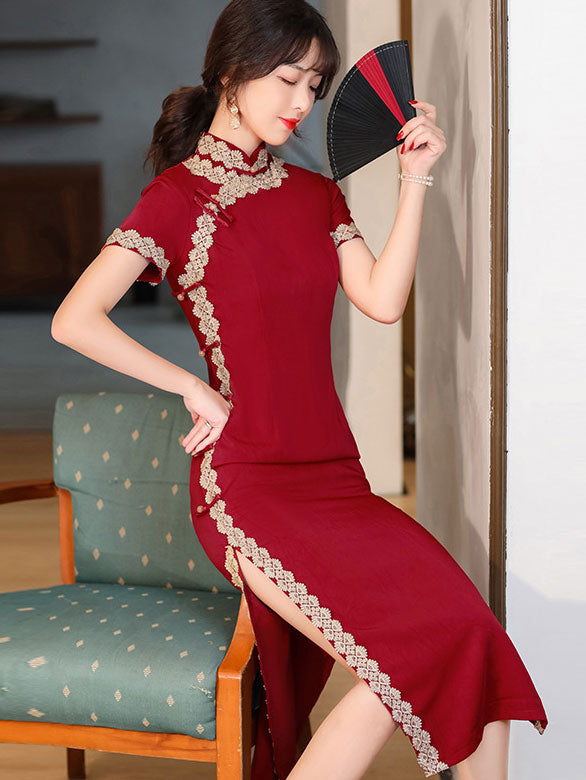 Black Red Lace Trim Modern Cheongsam Qi Pao Dress