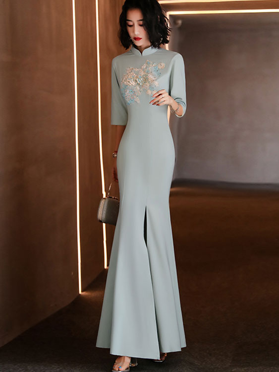 Blue Embroidered Split Fishtail Qi Pao Cheongsam Prom Dress