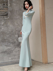 Blue Embroidered Split Fishtail Qi Pao Cheongsam Prom Dress