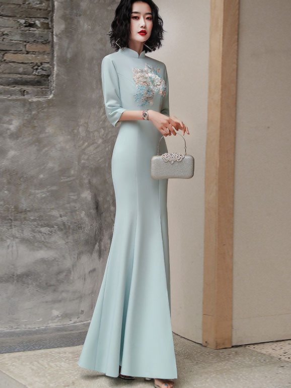 Blue Embroidered Split Fishtail Qi Pao Cheongsam Prom Dress