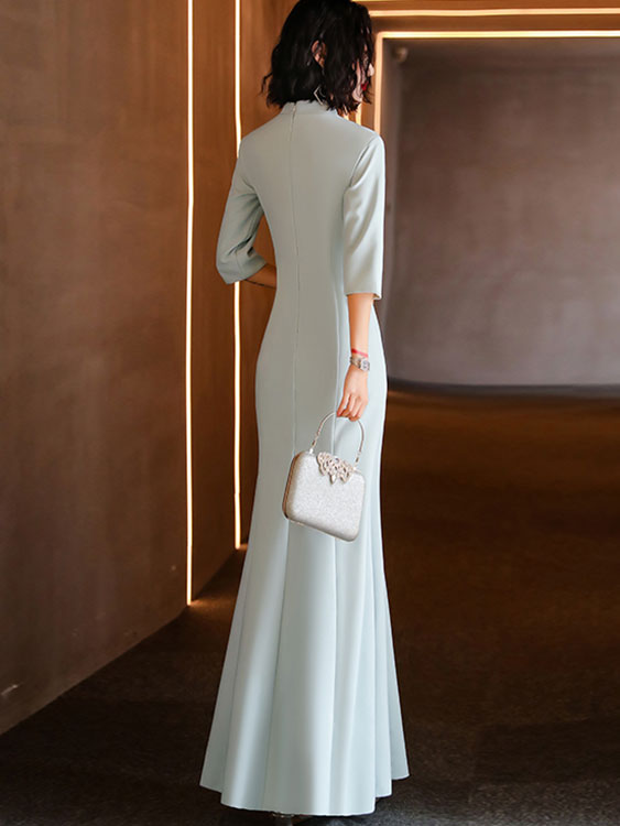 Blue Embroidered Split Fishtail Qi Pao Cheongsam Prom Dress