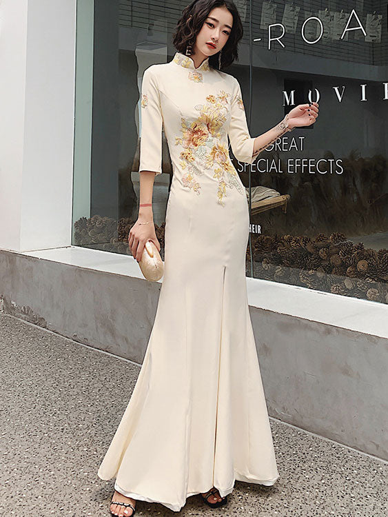 Champagne Embroidered Split Fishtail Qi Pao Cheongsam Prom Dress