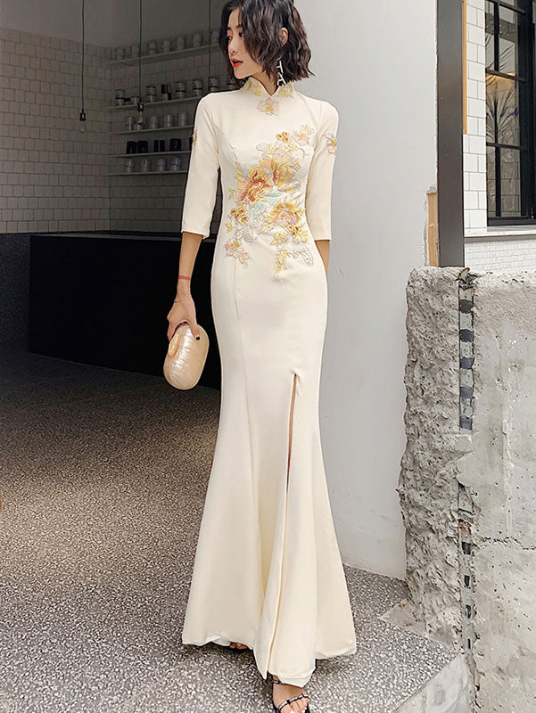Champagne Embroidered Split Fishtail Qi Pao Cheongsam Prom Dress