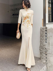 Champagne Embroidered Split Fishtail Qi Pao Cheongsam Prom Dress