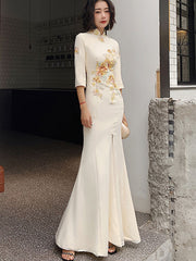 Champagne Embroidered Split Fishtail Qi Pao Cheongsam Prom Dress