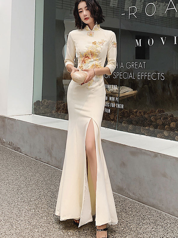 Champagne Embroidered Split Fishtail Qi Pao Cheongsam Prom Dress