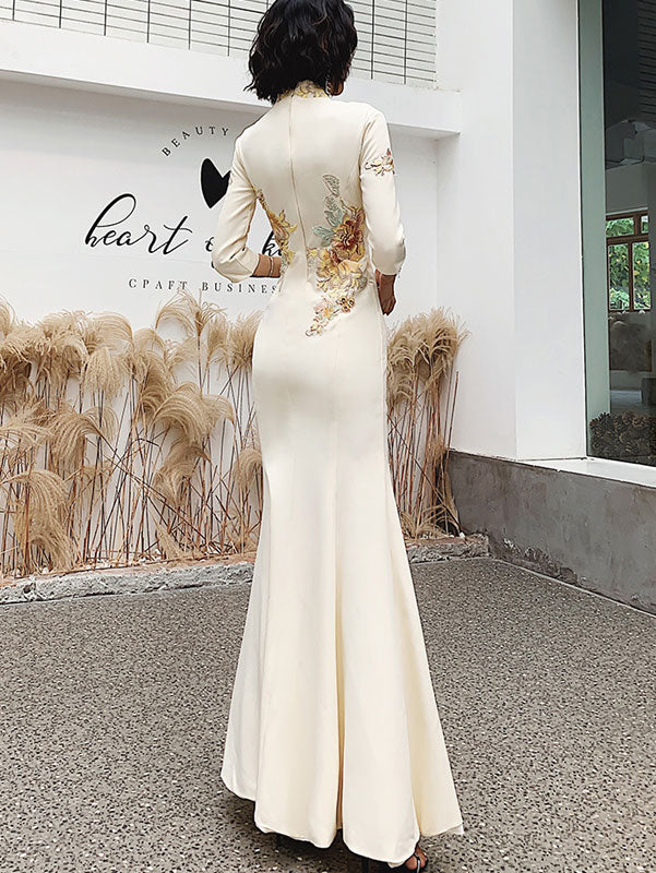 Champagne Embroidered Split Fishtail Qi Pao Cheongsam Prom Dress