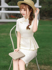 Beige Lace Mid Cheongsam Qi Pao Dress with Slit Back