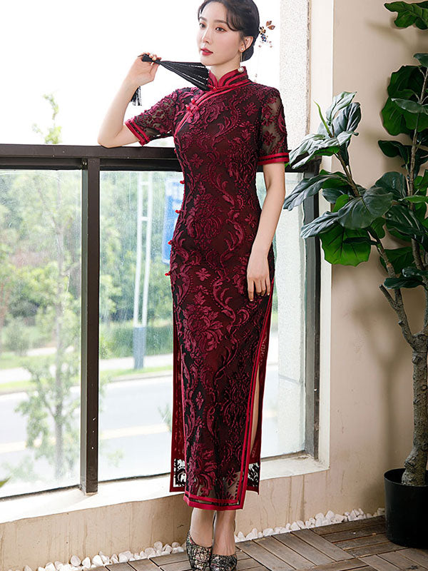 Mother's Red Blue Floral Velvet Qi Pao Cheongsam Dress