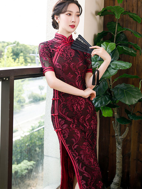 Mother's Red Blue Floral Velvet Qi Pao Cheongsam Dress