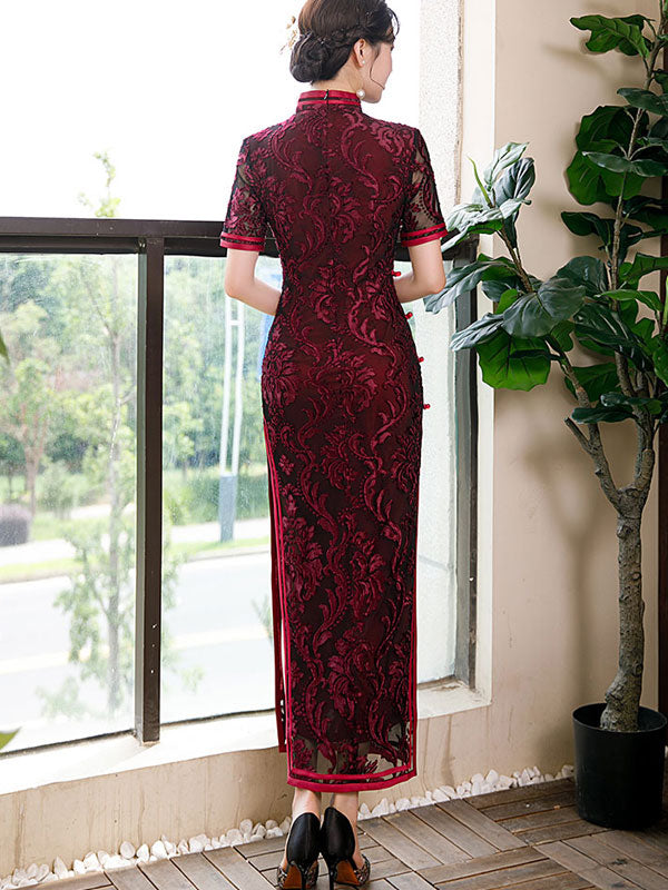 Mother's Red Blue Floral Velvet Qi Pao Cheongsam Dress