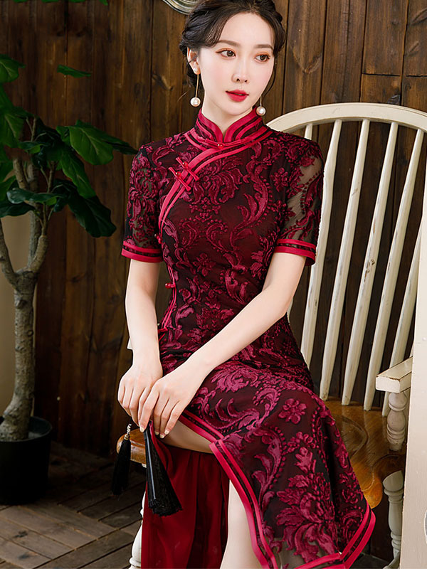 Mother's Red Blue Floral Velvet Qi Pao Cheongsam Dress