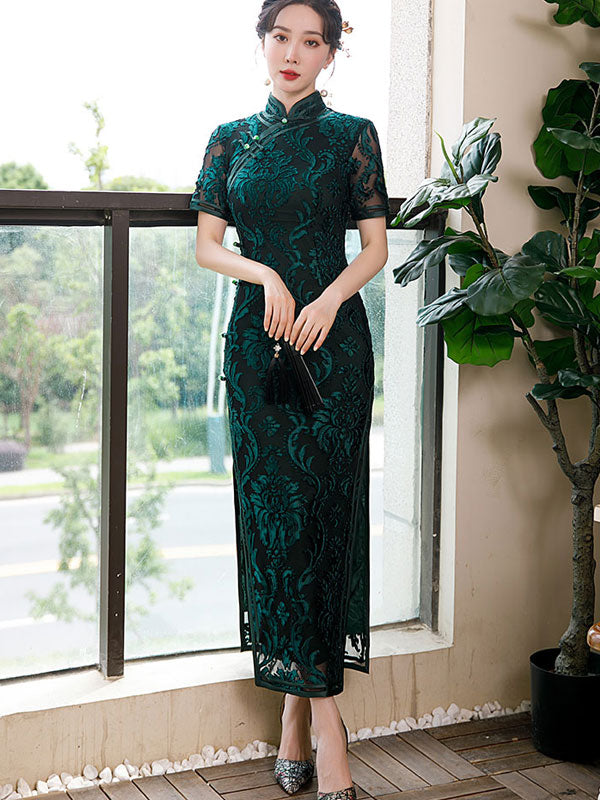 Mother's Red Blue Floral Velvet Qi Pao Cheongsam Dress