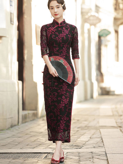 Mother's Red Floral Velvet Qi Pao Cheongsam Maxi Dress