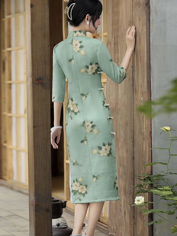 2021 Winter Floral Suede Modern Qi Pao Cheongsam Dress