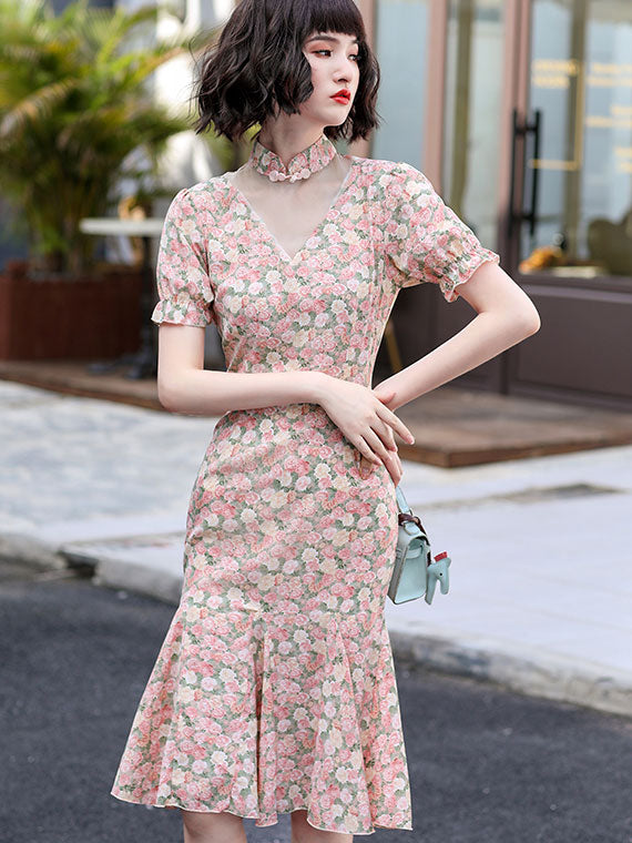 Floral Puff Sleeve Qi Pao Cheongsam Dress with Frill Hem