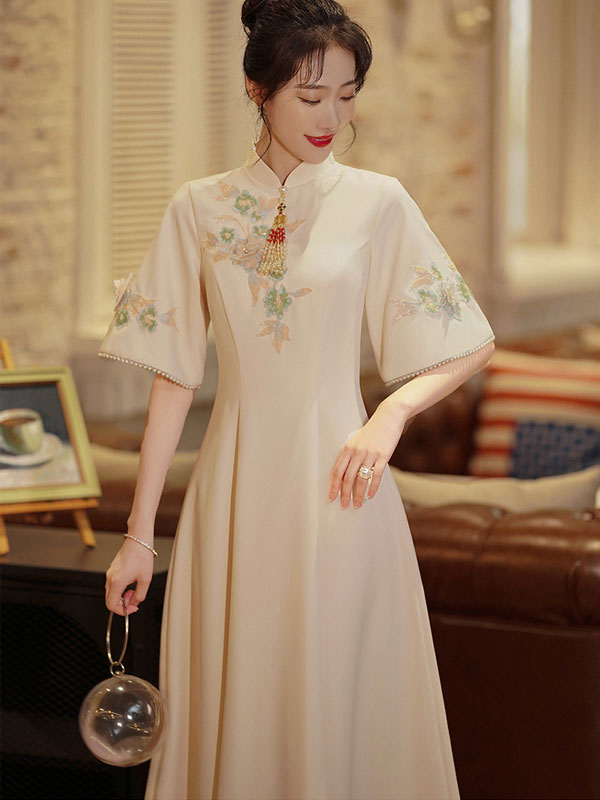 Embroidered Fit and Flare Qi Pao Cheongsam Dress with Bell Sleeve