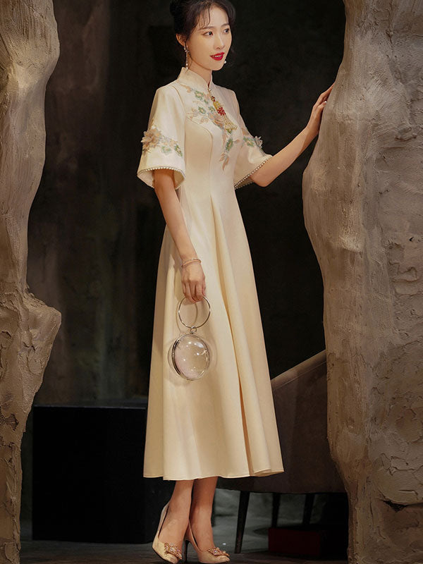 Embroidered Fit and Flare Qi Pao Cheongsam Dress with Bell Sleeve