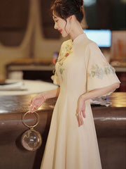 Embroidered Fit and Flare Qi Pao Cheongsam Dress with Bell Sleeve