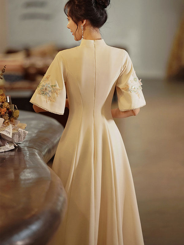 Embroidered Fit and Flare Qi Pao Cheongsam Dress with Bell Sleeve