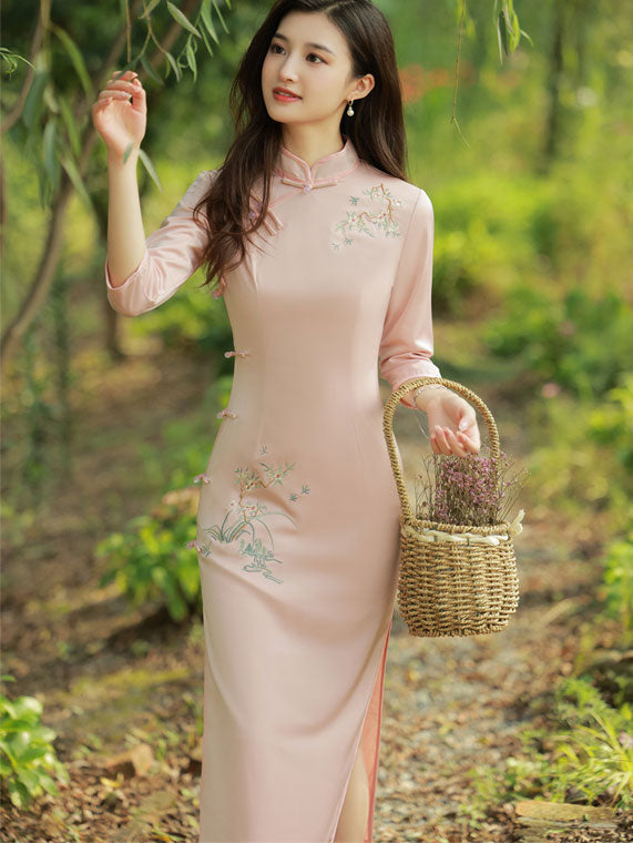 Pink Yellow Embroidered Qi Pao Cheongsam Dress
