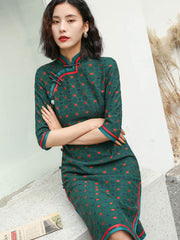 Green Dots Lace Midi Cheongsam Qi Pao Dress