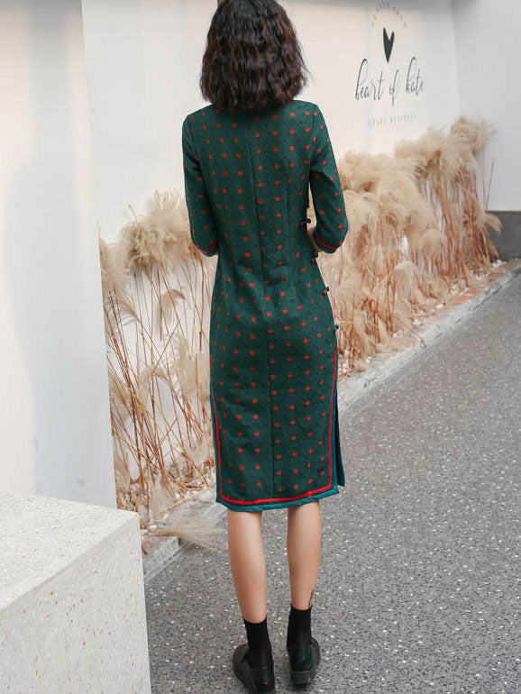 Green Dots Lace Midi Cheongsam Qi Pao Dress