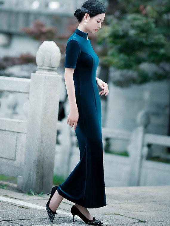 Velvet Thigh Split Fishtail Cheongsam Qi Pao Dress
