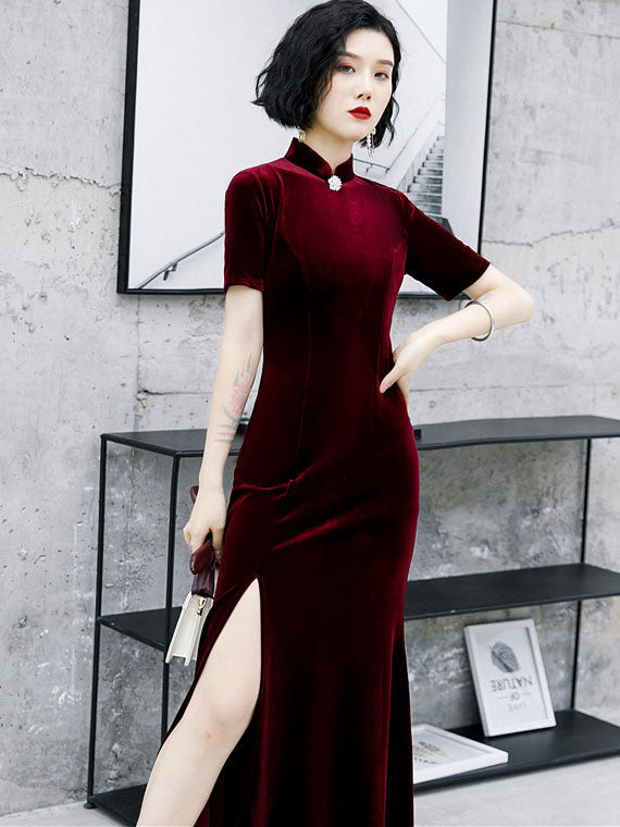 Velvet Thigh Split Fishtail Cheongsam Qi Pao Dress