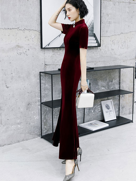 Velvet Thigh Split Fishtail Cheongsam Qi Pao Dress