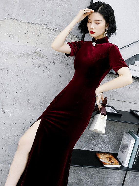 Velvet Thigh Split Fishtail Cheongsam Qi Pao Dress