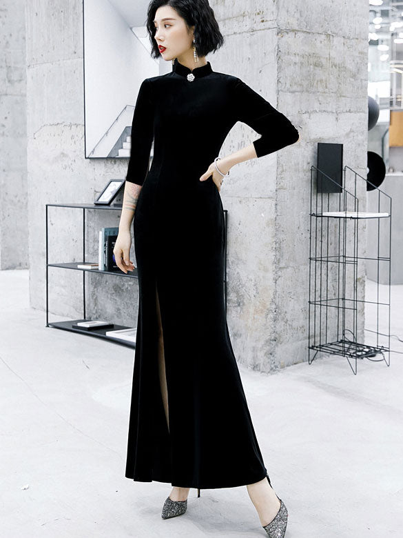 Velvet Thigh Split Fishtail Cheongsam Qi Pao Dress