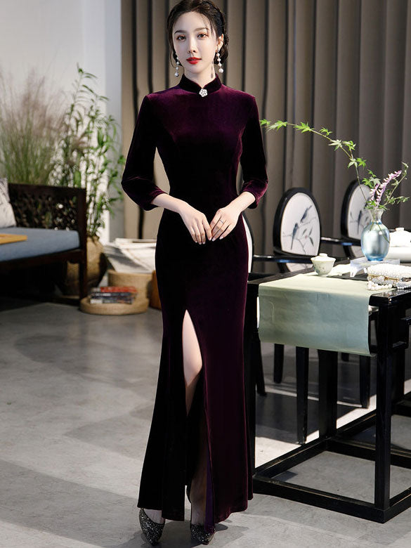 Velvet Thigh Split Fishtail Cheongsam Qi Pao Dress
