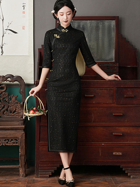 2021 Winter Black Red Sequined Lace Cheongsam Qi Pao Dress