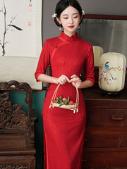 2021 Winter Black Red Sequined Lace Cheongsam Qi Pao Dress
