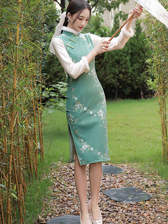 2021 Winter Green Blue Wool Cheongsam Qi Pao Dress