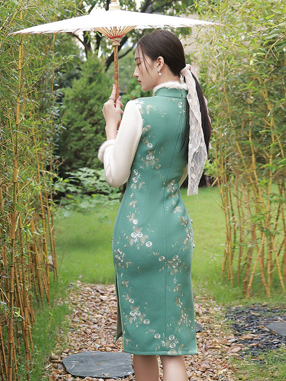 2021 Winter Green Blue Wool Cheongsam Qi Pao Dress