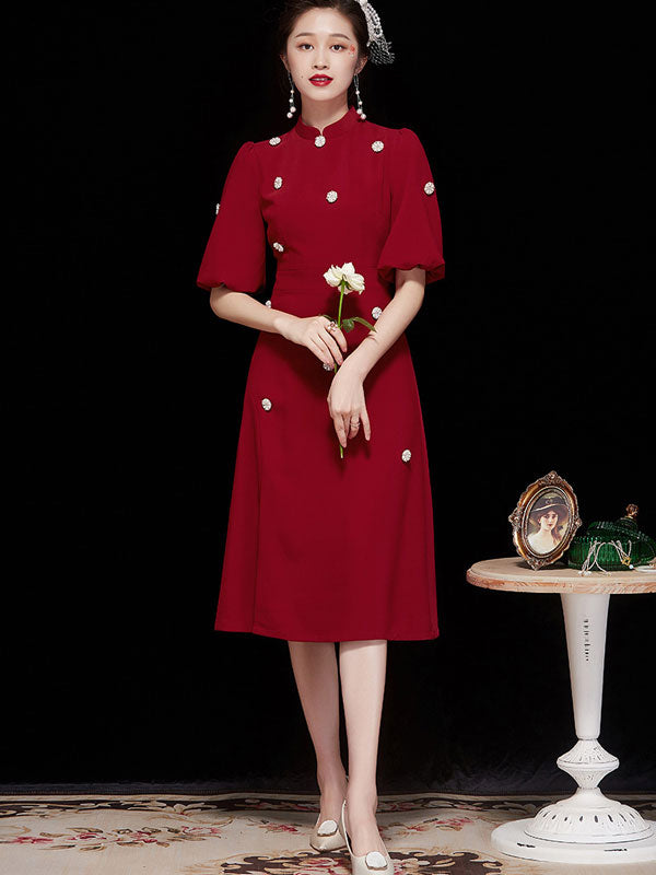 Puff Sleeve Beaded Mid Qi Pao Cheongsam Dress