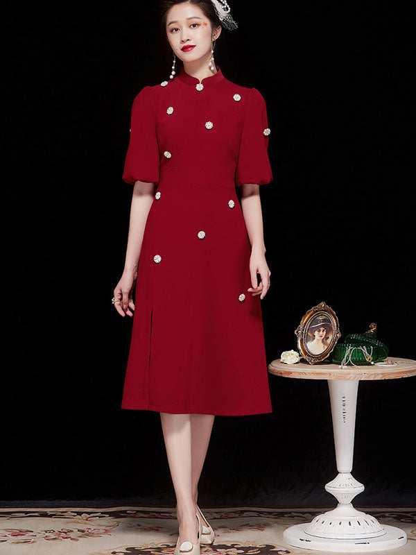 Puff Sleeve Beaded Mid Qi Pao Cheongsam Dress